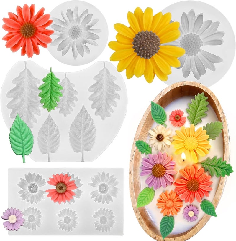 ZQYSING 4 Pack Daisy Silicone Molds with Leaf Mold, Set of Large + Medium + Small + Mini Daisy Flower Molds for Candles Wax Soap Epoxy Resin Plaster Fondant Chocolate Cake Cupcake Topper Decoration - Image 1